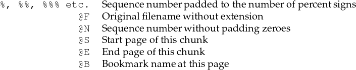 %, %%, %%% etc. Sequence num berpadded to thenum berofpercentsign s
@F O riginalfilen am e withou textension
@N Sequence num berwithoutpadding zeroes
@S Startpageofthischunk
@E En dpage ofthischu nk
@B Bo okmark name atthispage